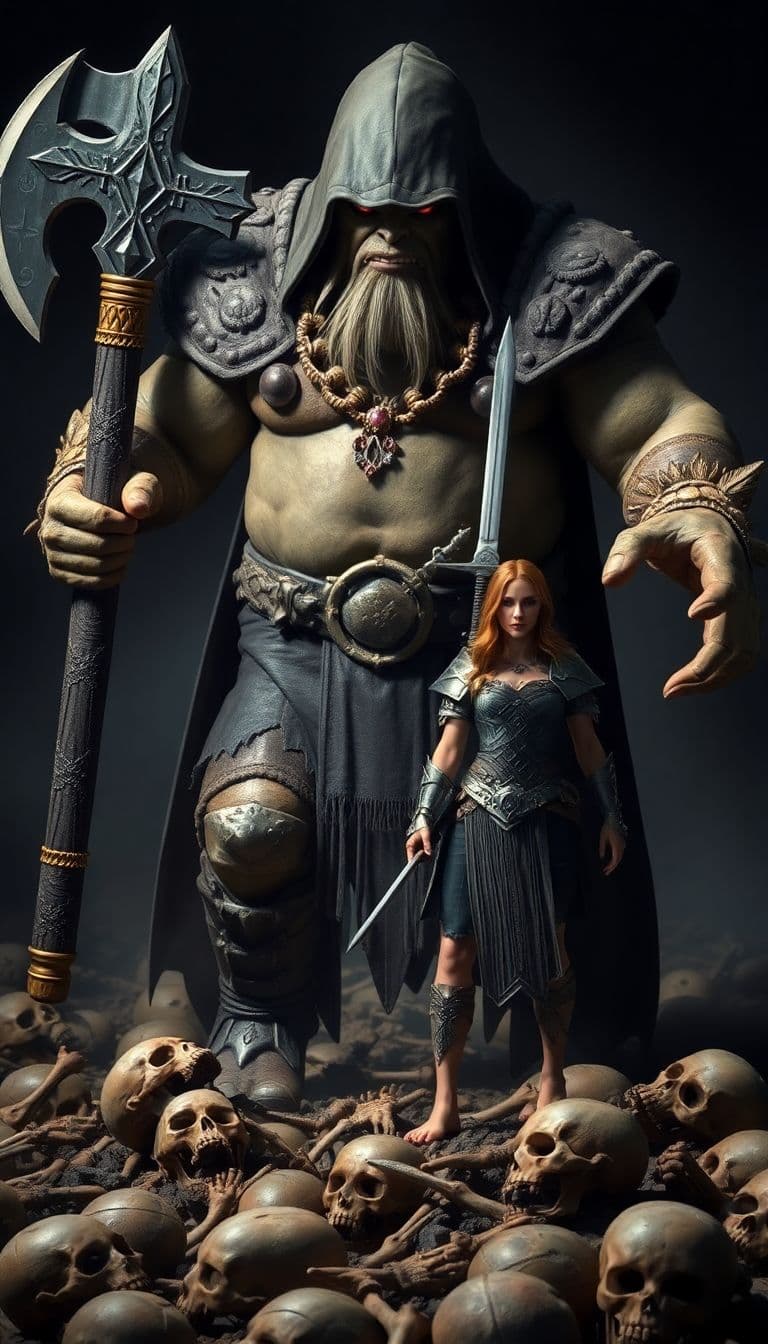AI generated: Ultra realistic looking DND character, ), hooded giant ogre, holding a giant cursed axe and walking ...