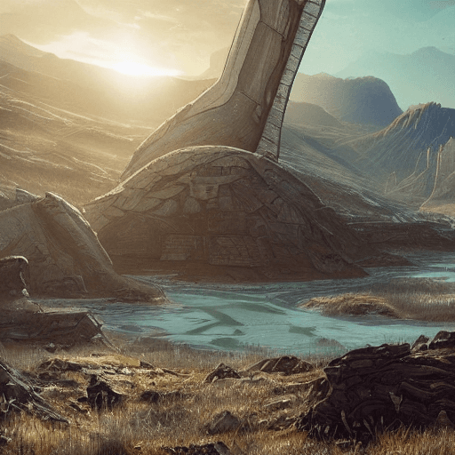 AI generated: beautiful sci-fi monolythes with alien runes in a plain near a river with a small spaceship flying a...