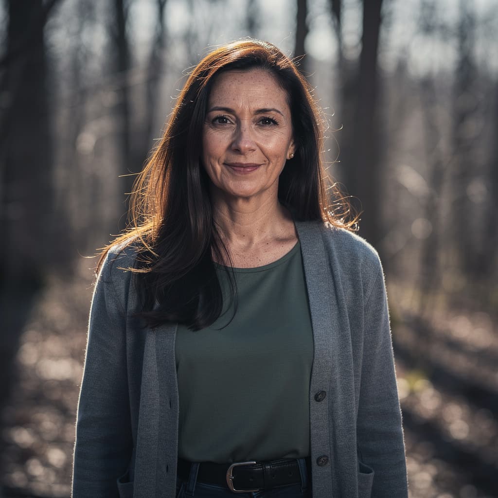 AI generated: cinematic image with dark shadows and high contrast,

A middle-aged woman with long, dark brown hair...