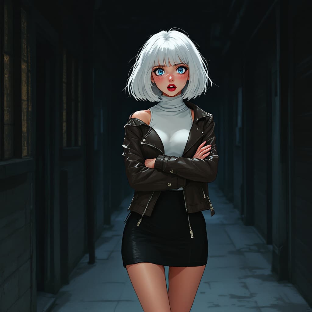 AI generated: anime, woman, white hair, bob cut, blue eyes, freckles, red lips, white turtle neck sweater, tight t...
