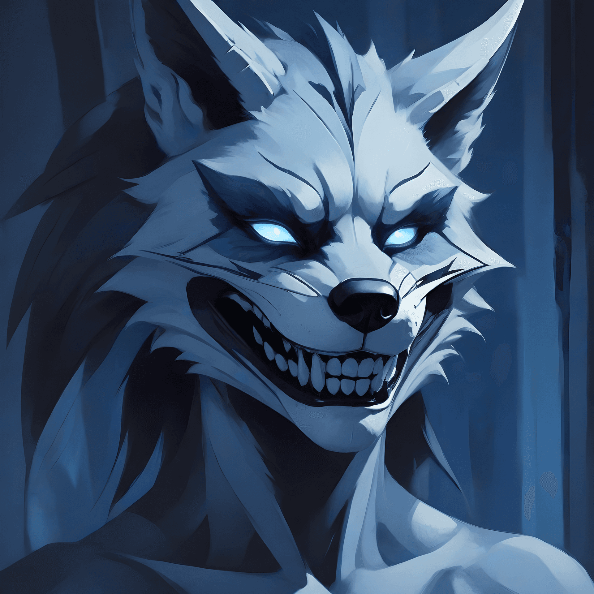 AI generated: Demon fox, Digital illustration, Modern era, Monochromatic with a focus on blues.