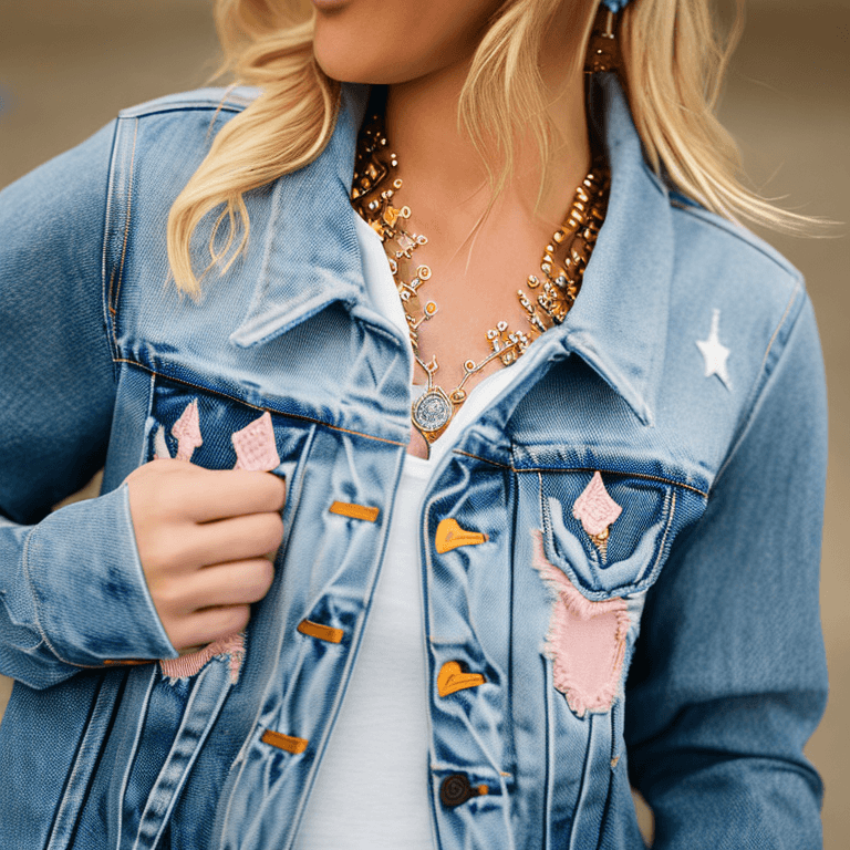 AI generated: medium close-up, young adult female, bright demeanor, long blonde waves, denim jacket, tailored fit,...