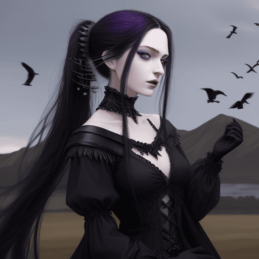 AI generated: high resolution, fantasy, pale skin, purple eyes, long black hair with a ponytail, crows in the back...