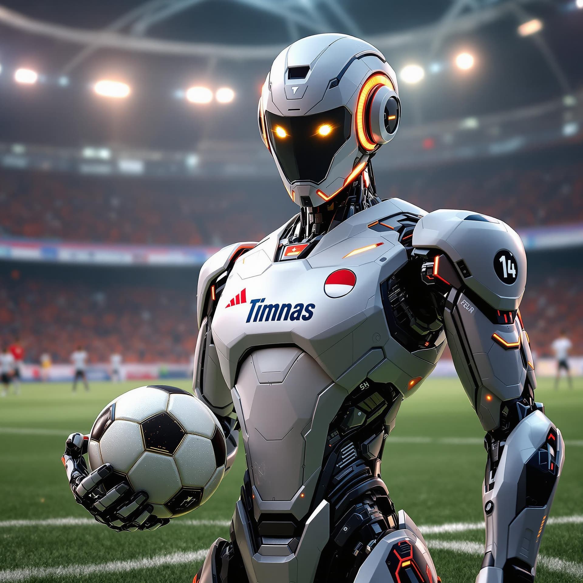 AI generated: A powerful AI agentic robot holding a soccer ball, standing confidently on a futuristic soccer field...