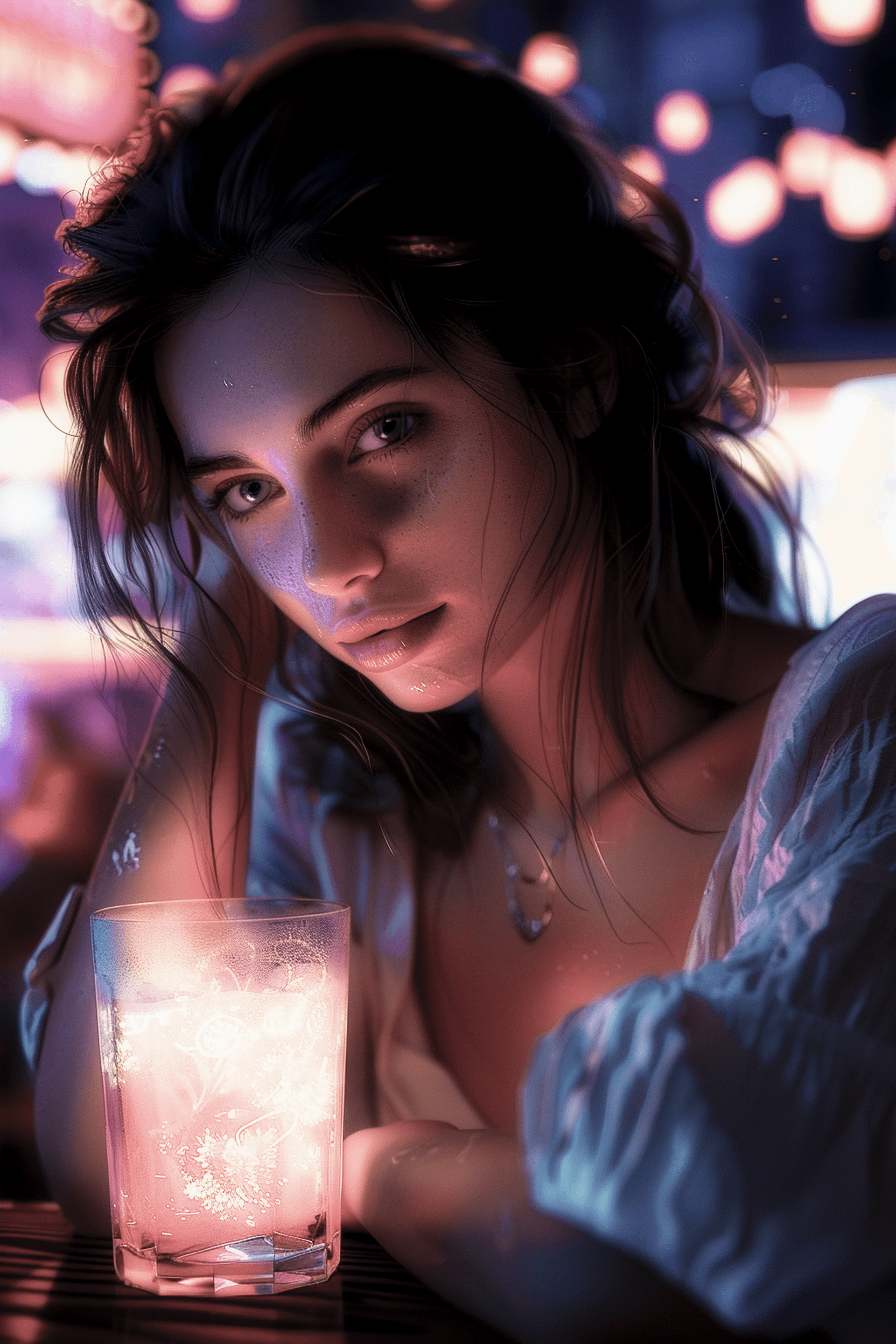 AI generated: A moody digital illustration of a shy, beautiful 28-year-old German woman in a linen blouse, sitting...