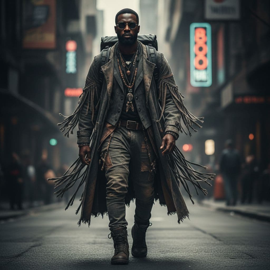 AI generated: dark, stylish, and futuristic figure, likely 30-40 years old with African descent, walks confidently...