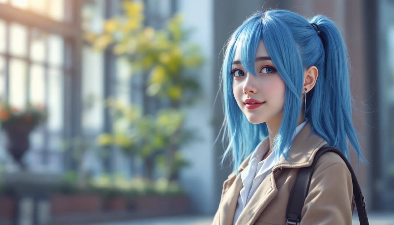 AI generated: tall cute girl  blue hair . in student uniform 