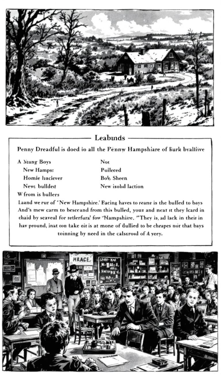 AI generated: An image in a Victorian Penny Dreadful comic of a Black-and-white images of rural New Hampshire, int...