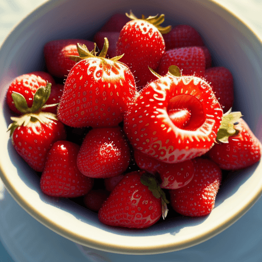 AI generated: A vibrant photograph of a bowl of freshly picked strawberries glistening with dewdrops, taken with a...