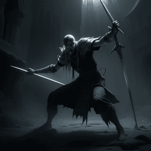 AI generated: swinging a sword teeth gritting blood splashing, gorgeous pose, ArtStation, Unreal Engine, intense l...
