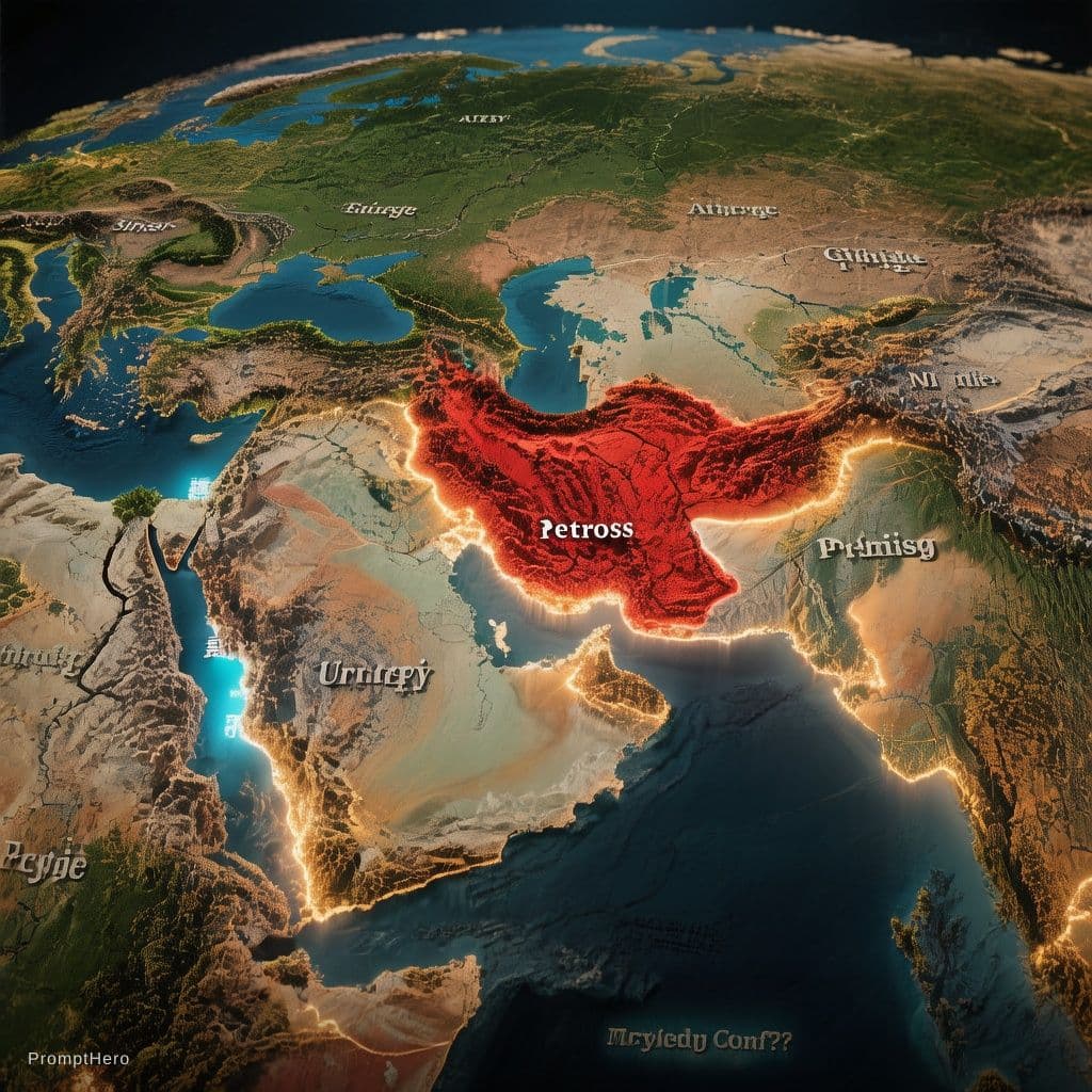 AI generated: 3D relief map of the Middle East, Iran highlighted with glowing border, Israel clearly visible to th...