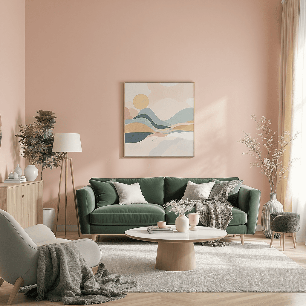 AI generated: High resolution photography interior design, "forest green couch", dreamy living room, wooden floor,...