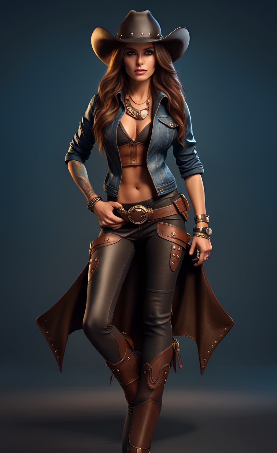 AI generated: Full Body Portrait of a Glamorous cowgirl in leather suite, leather boots and pants, long brown hair...