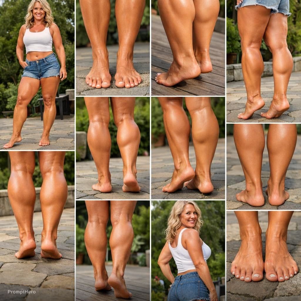 AI generated: buatifull thick calves, tanned  female muscular legs and pedicured bare feet photorealistic full bod...