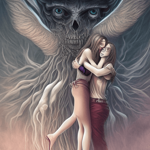 AI generated: woman being hugged from behind by an evil specter, horrifying, scary, fantastical colors, dark, horr...