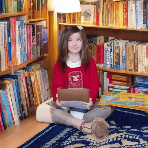AI generated: A cozy living room with a fireplace and a bookshelf filled with books. The protagonist, Lily, a youn...