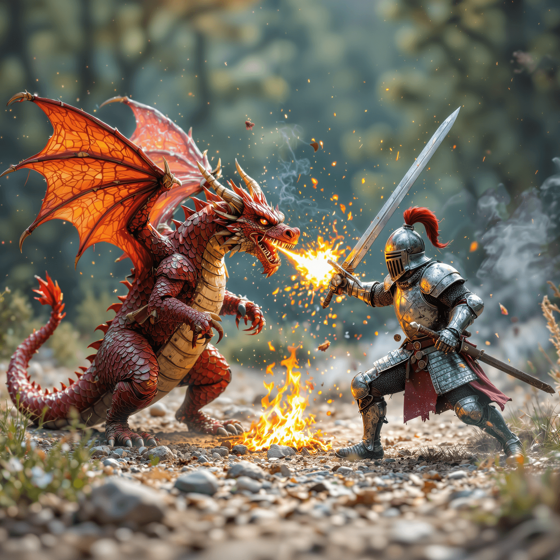 AI generated: fire spitting dragon fighting a knight , micro-details, photorealism, photorealistic