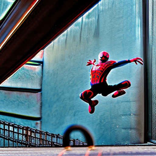 AI generated: photography, dynamic range, in the city, ollie motion with Spiderman 