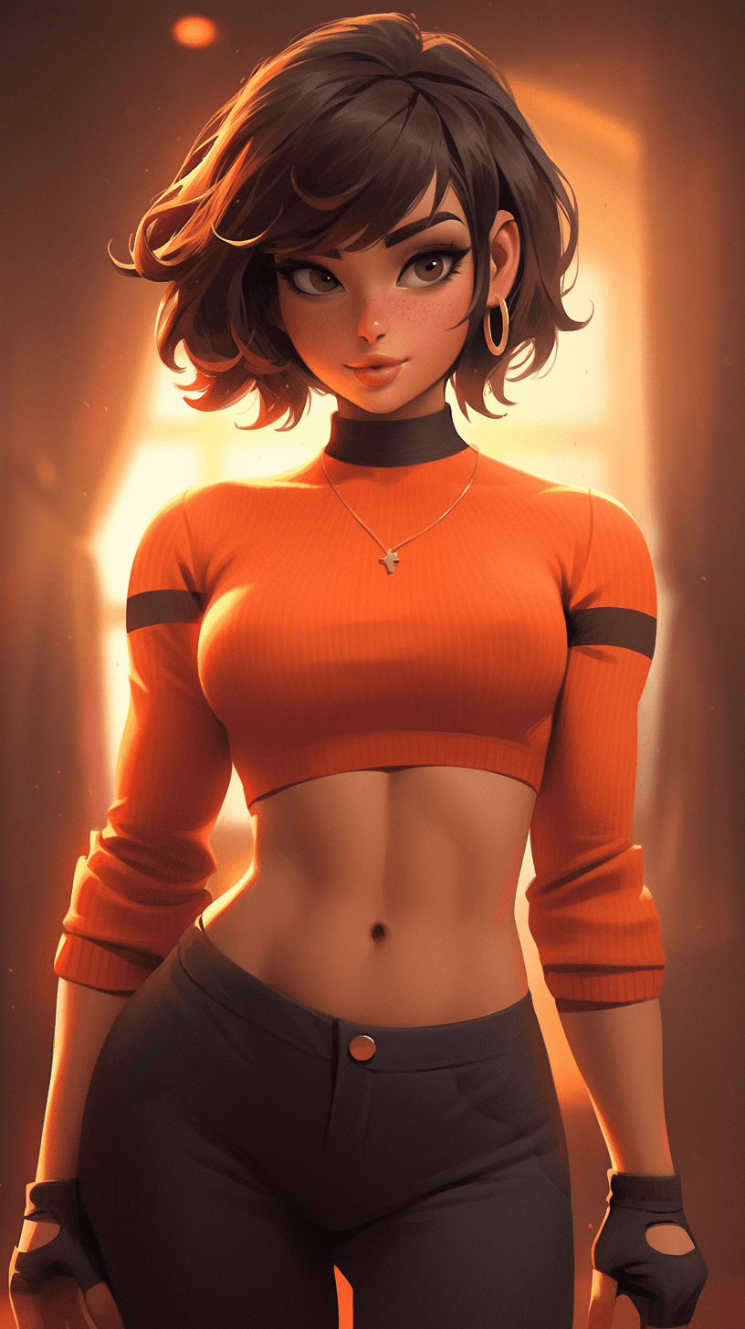 AI generated: velma from scooby-doo, beautiful charismatic girl, showing piercing, athletic body, a woman an orang...