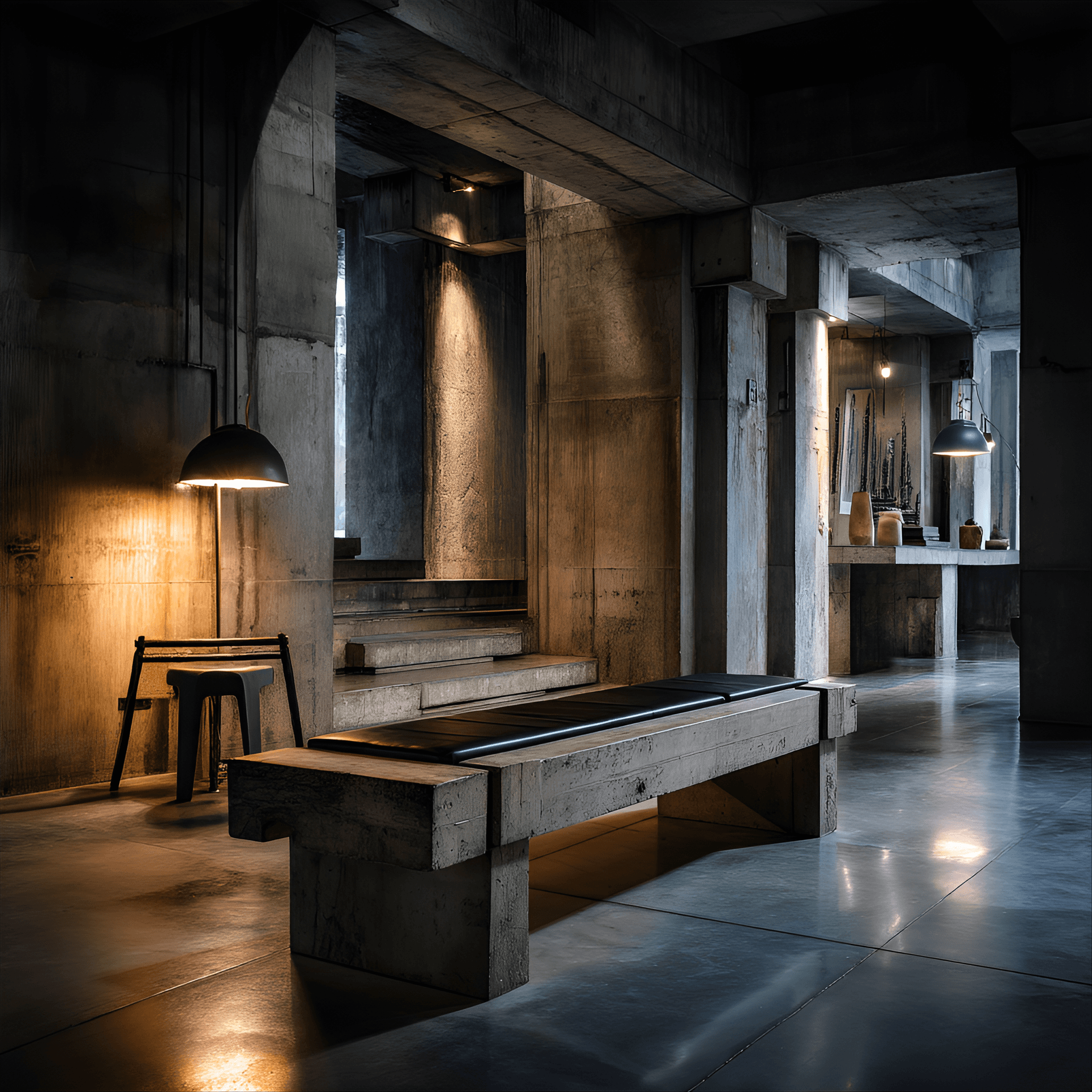AI generated: photography, brutalist functional style, interior design of a modern space with raw concrete, functi...