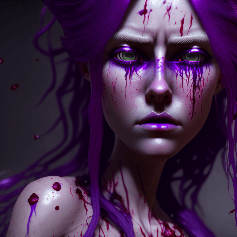 AI generated: an ultra realistic ethereal portrait of a beautiful  humanoid creature, long retro messy purple hair...