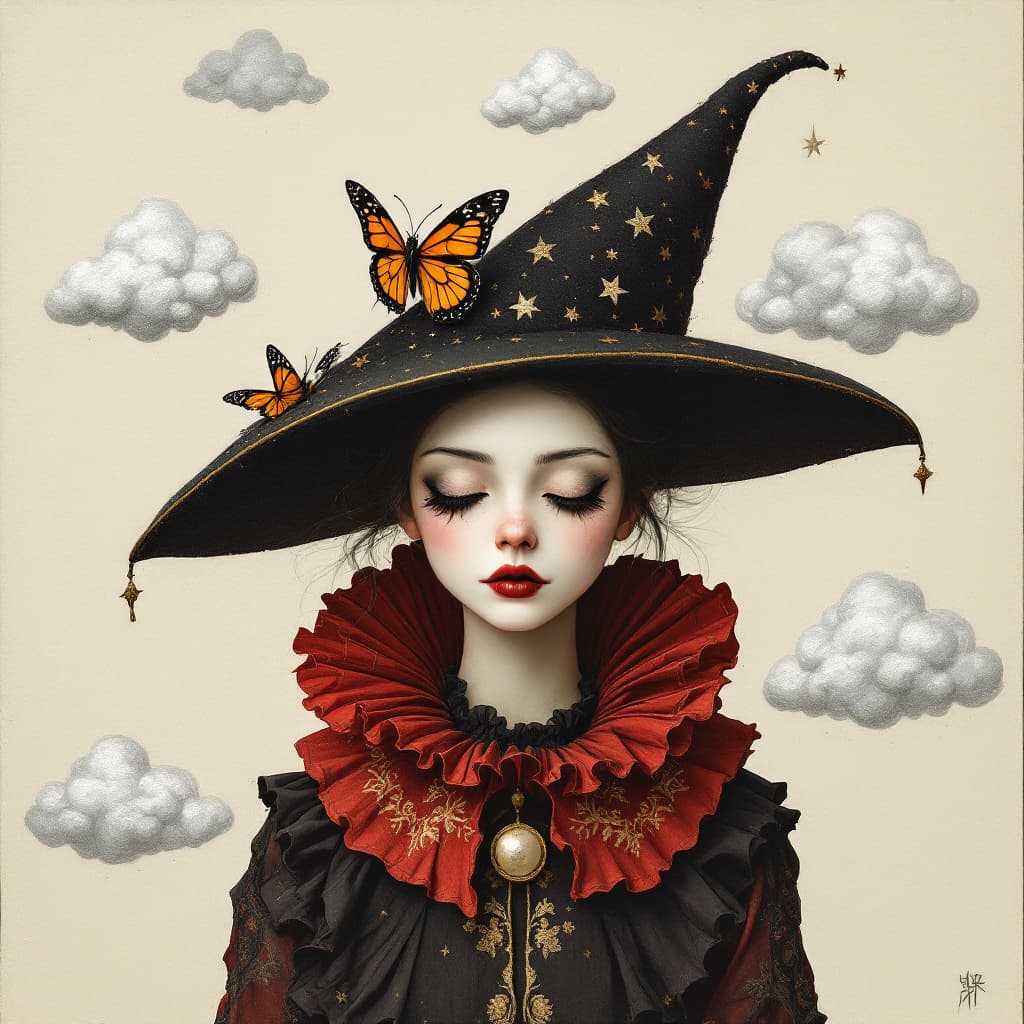 AI generated: strokes of serenely textured oil paint: a stylized, melancholy Pierrot-like girl with a long, curved...