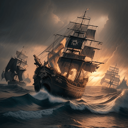 AI generated: pirate ship, adorned with intricate designs and shining shackles, battles a storm. The hull, marked ...