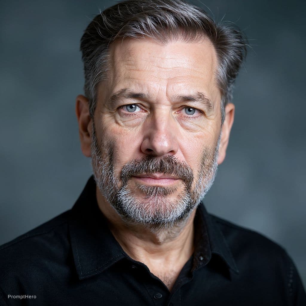 AI generated: Ultra-realistic cinematic close-up portrait of a rugged middle-aged man with salt-and-pepper hair an...