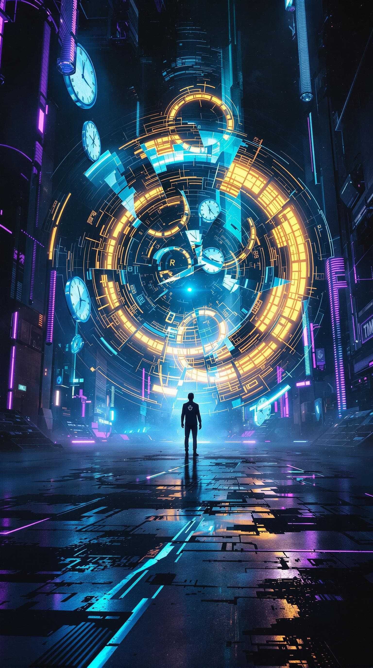 AI generated: Futuristic concept art depicting a dark sci-fi scene illustrating time manipulation. A figure stands...