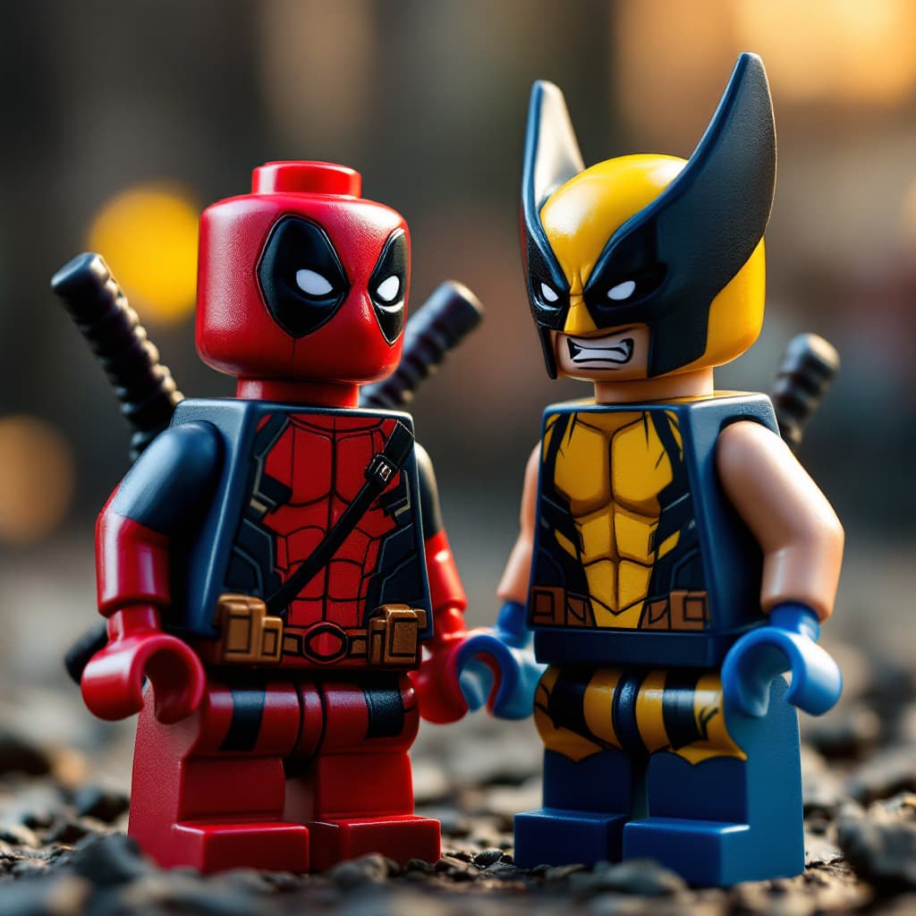 AI generated: Photorealistic image of Lego figurines of Deadpool and Wolverine, captured in high detail, with vibr...