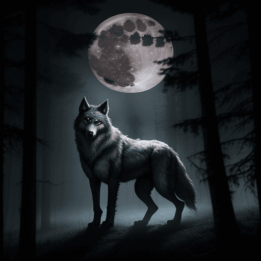AI generated: As the full moon rises above the dark and foggy forest, a majestic wolf stands tall, its fur glisten...