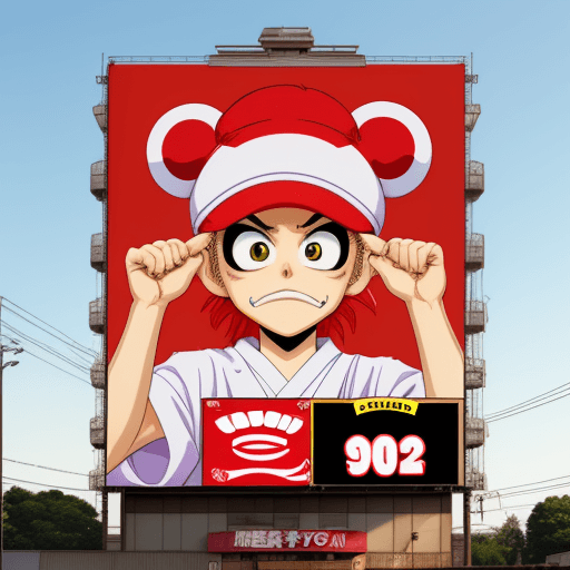 AI generated: fast food ad, billboard sign, 90s, anime, japanese pop, japanese words, in the style of Jamie Hewlet...