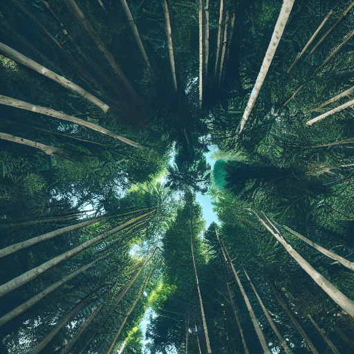 AI generated: professional photograph, landscape photography of beautiful dark forest, treetops, pinetrees, dark g...