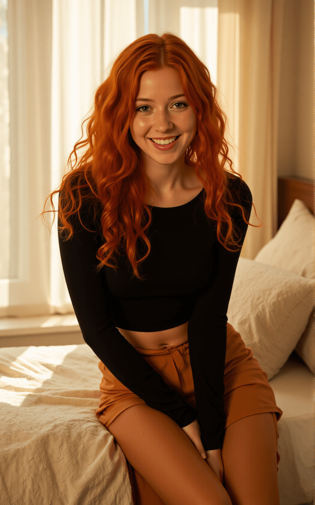 AI generated: A stunning young female with long, curly ginger hair cascading over her shoulders sits gracefully at...