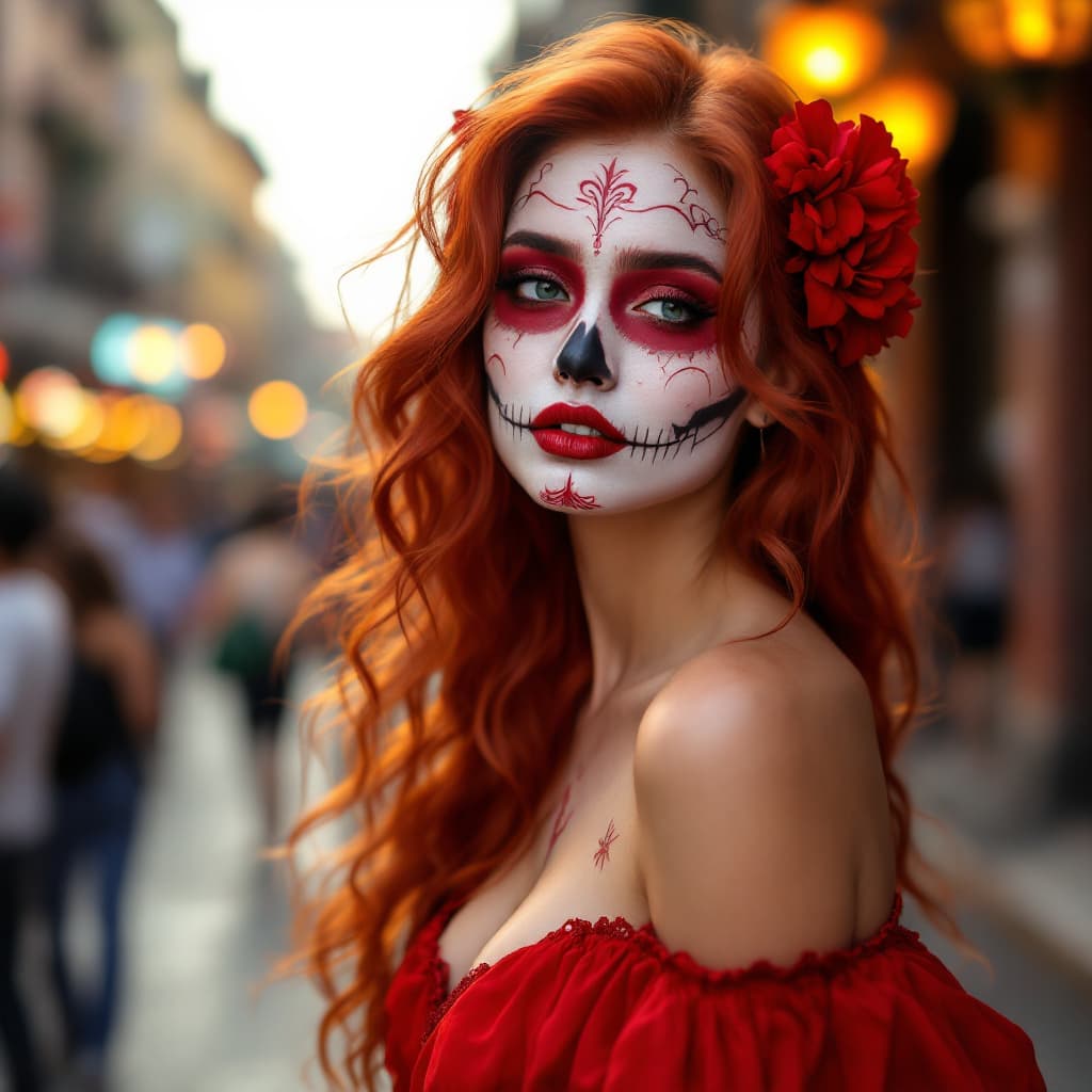 AI generated: Dia de Muertos in Mexico City, ultra-realistic, photography, medium close-up, a beautiful woman, red...