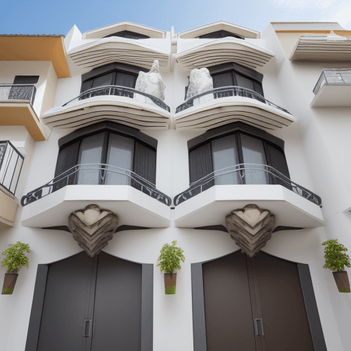 AI generated: fachada de casa, inspiração gaudi, primeiro piso com duas portas, segundo piso com duas janelas, ter...