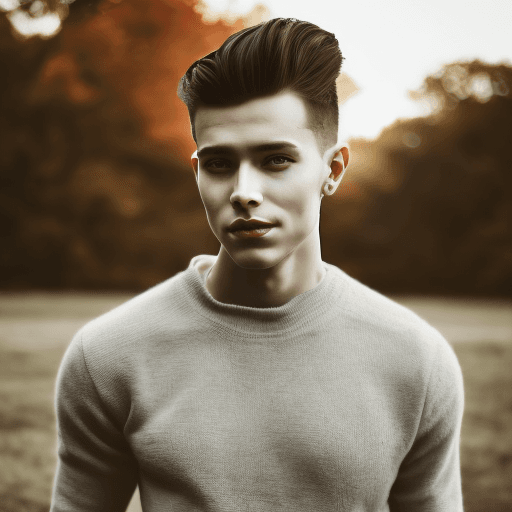 AI generated: A portrait of a young beautiful man, smiling, Asymmetrical Cut hair style, fall dress, outdoor view,...