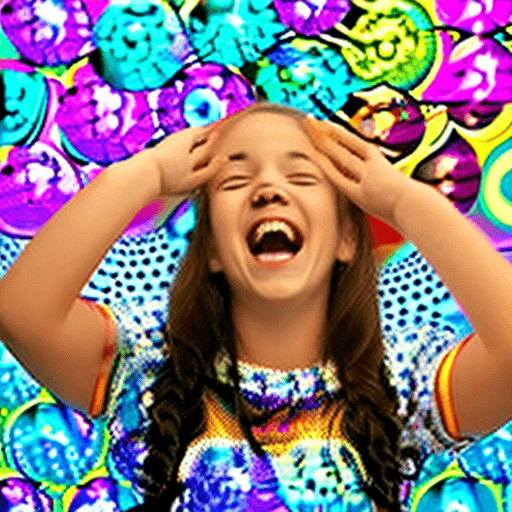 AI generated: a girl, laughing, surrounded by  colorful water bubbles