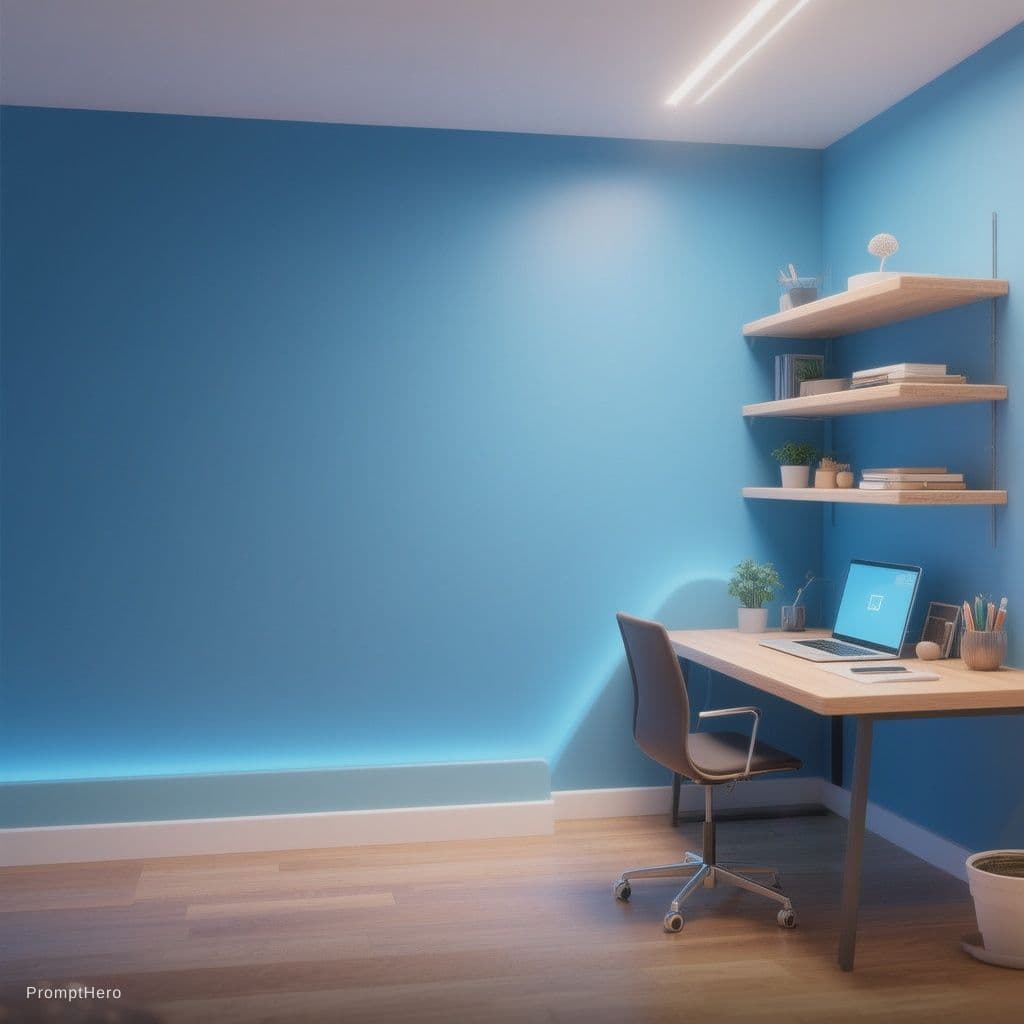 AI generated: A minimalist 3D desktop wallpaper of a modern room with a blue wall and soft ambient lighting, woode...
