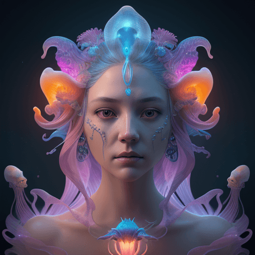 AI generated: Goddess close-up portrait ribcagel. jellyfish phoenix head, nautilus, orchid, skull, betta fish, bio...