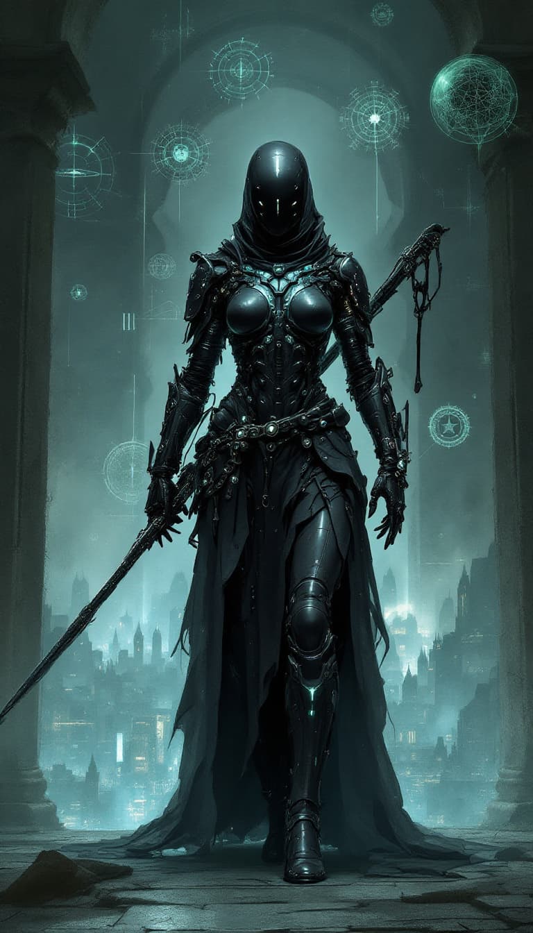 AI generated: Conceptual design: Cybernetic Inquisitor from the Order of Shadows. This intimidating graffiti-punk ...