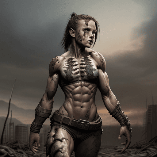 AI generated: A Girl with Battle scars, defined abs, Muscular Arms, Dinosaur Bones Weapons, apocalyptic Background...