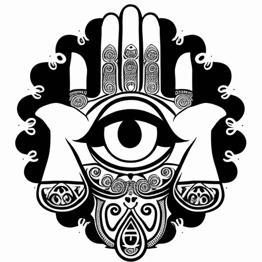 AI generated: Hamsa hand with eyes on each fingers, clearly defined, svg, simple, bitmap, design, black and white,...