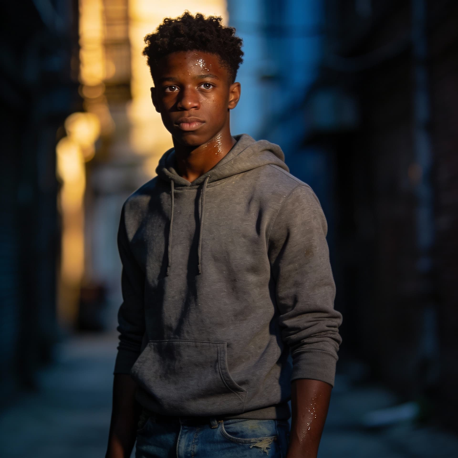 AI generated: Ultra realistic cinematic portrait of Marcus Reed, 20 year old Black man, dark brown skin, short afr...