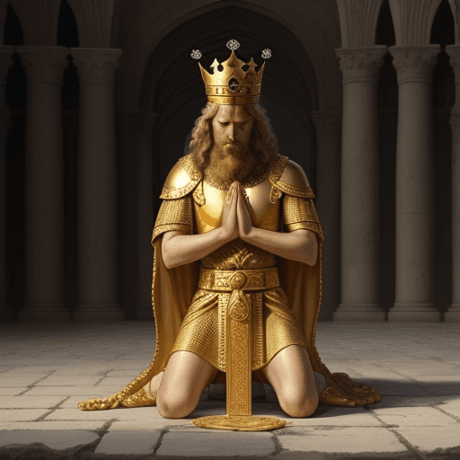 AI generated: King David of Israel, kneeling, bowed with his hands on the ground, with his head bowed, golden crow...