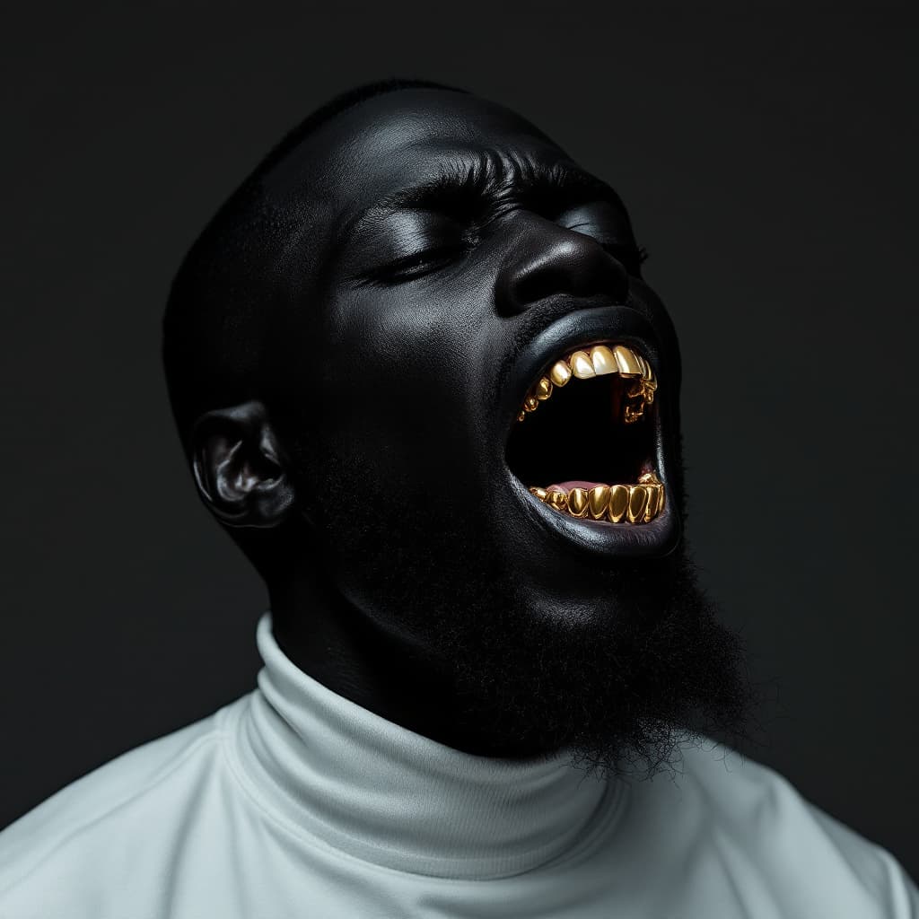 AI generated: a BLACK 
man with a large jaw and gold teeth, in the style of futuristic minimalism, restrained form...
