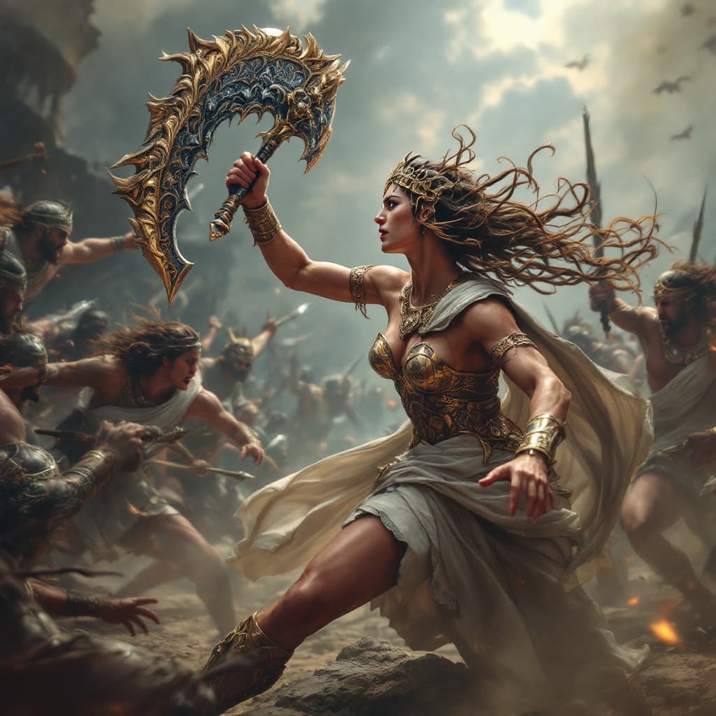 AI generated: A dramatic depiction of Athena, the Greek goddess of wisdom and war, in an intense battle against ot...