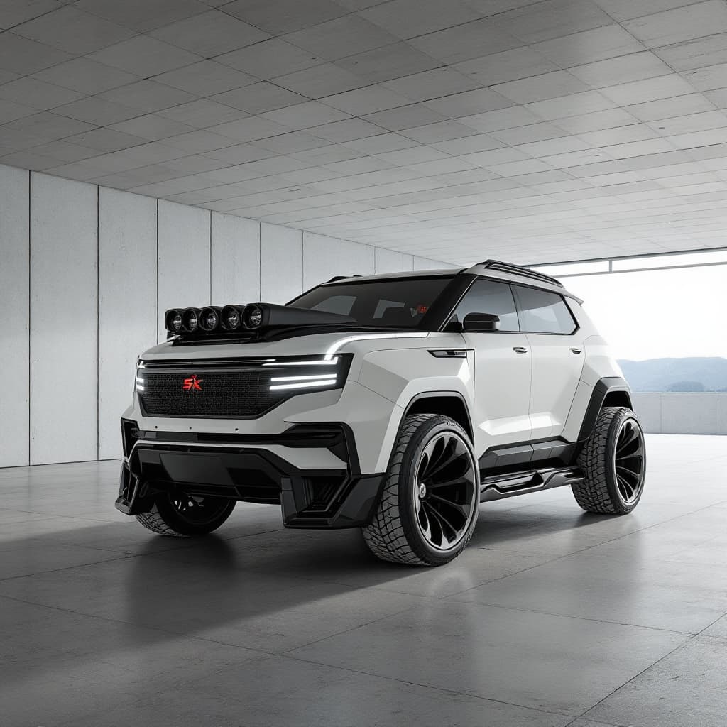 AI generated: a concept suv with low ceiling with 42  inch mag 
wheels