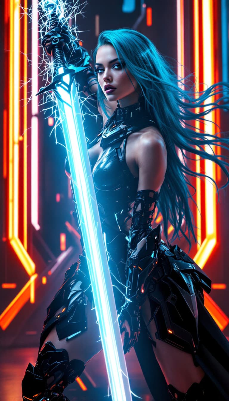 AI generated: A bold full-body portrait captures a woman of mesmerizing beauty, wielding a large, glowing laser sw...