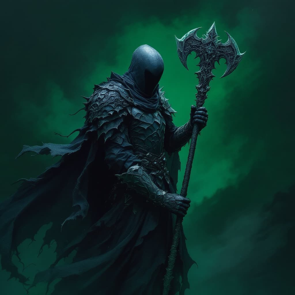 AI generated: Eldritch knight with dark grey armor with mace that is a series of fractals, against a dark green wa...